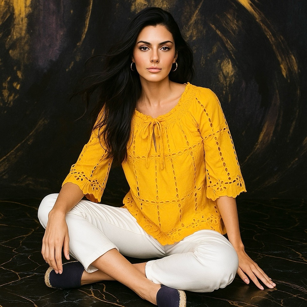 International Concepts Mustard Long Sleeve Eyelet Cutout Blouse - Size 6P - Picture 1 of 6